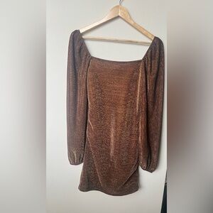 Shiny Copper Square Neckline Lantern Sleeve Bodycon Dress